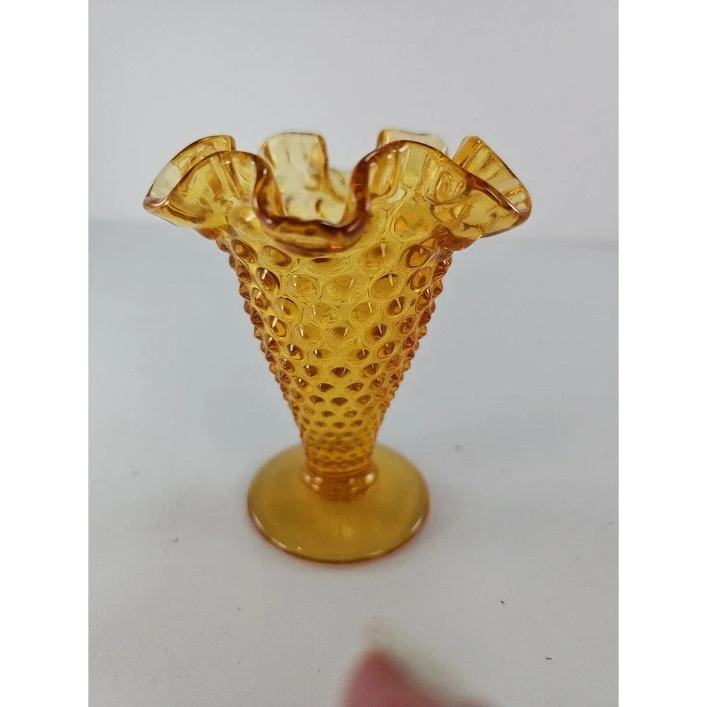 Fenton Amber Vase-Small Hobnail Fluted Ruffle 4 inches